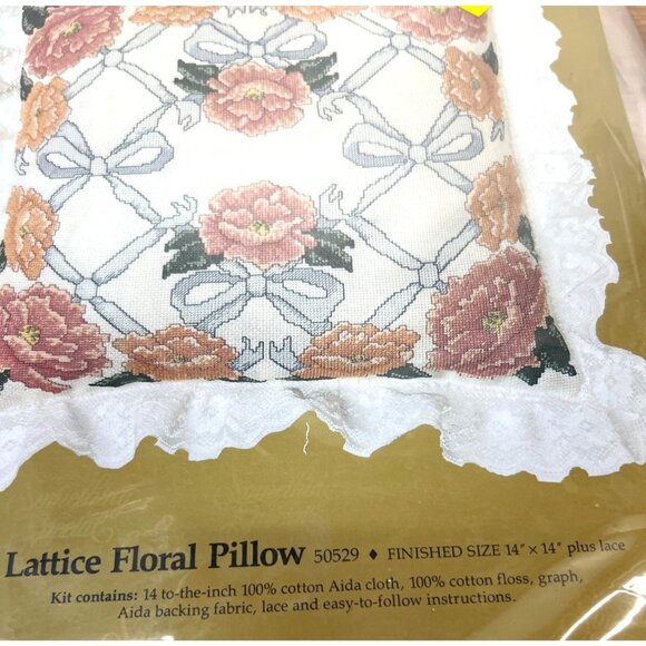 Lattice Floral Pillow Counted Cross-Stitch Kit 14"x14" Finished Size Includes Ai - Picture 3 of 4